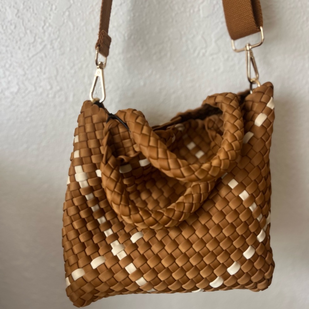 BCBGMaxAzria Tan and Cream Woven Crossbody Bag